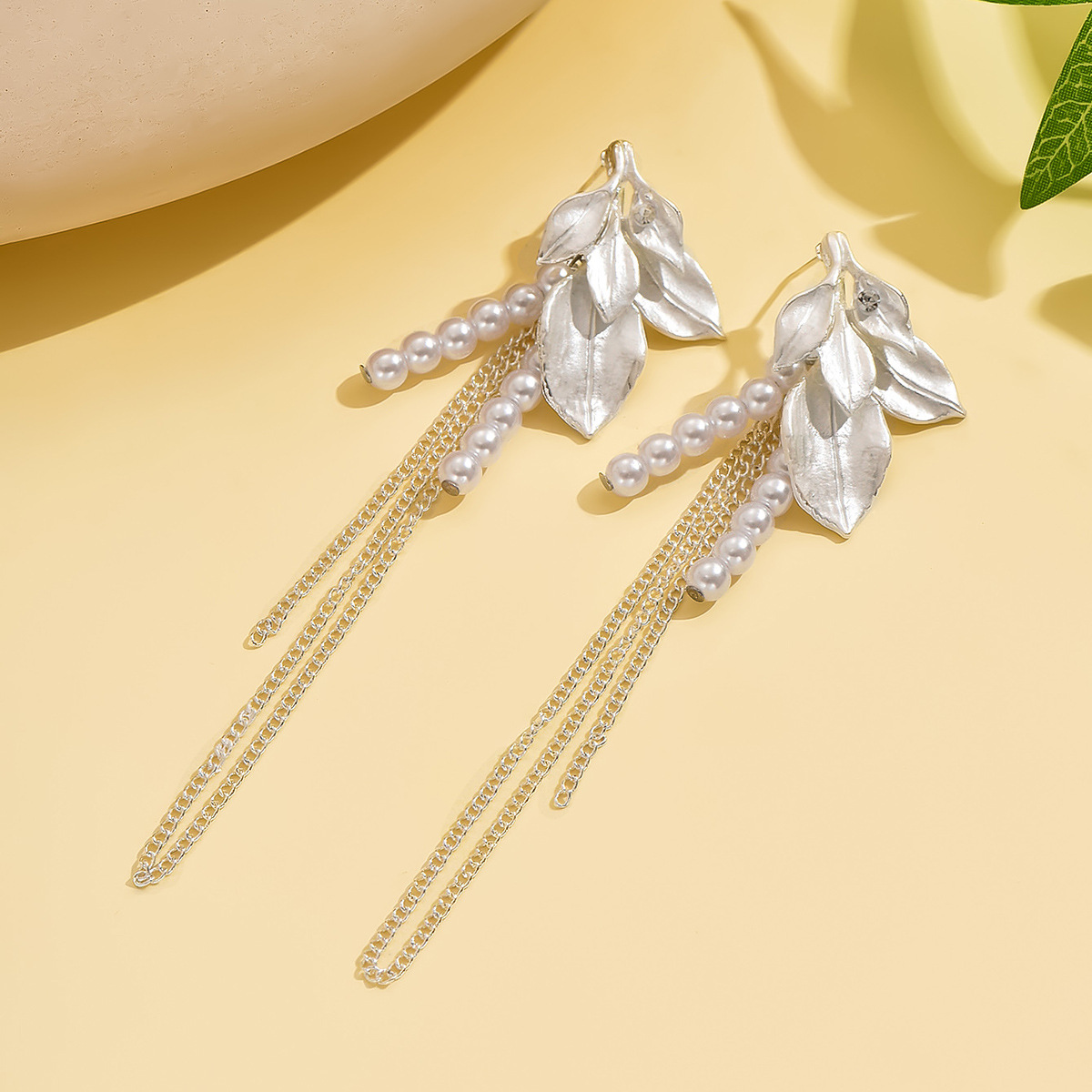 White Color Leaf Alloy Detail Earrings