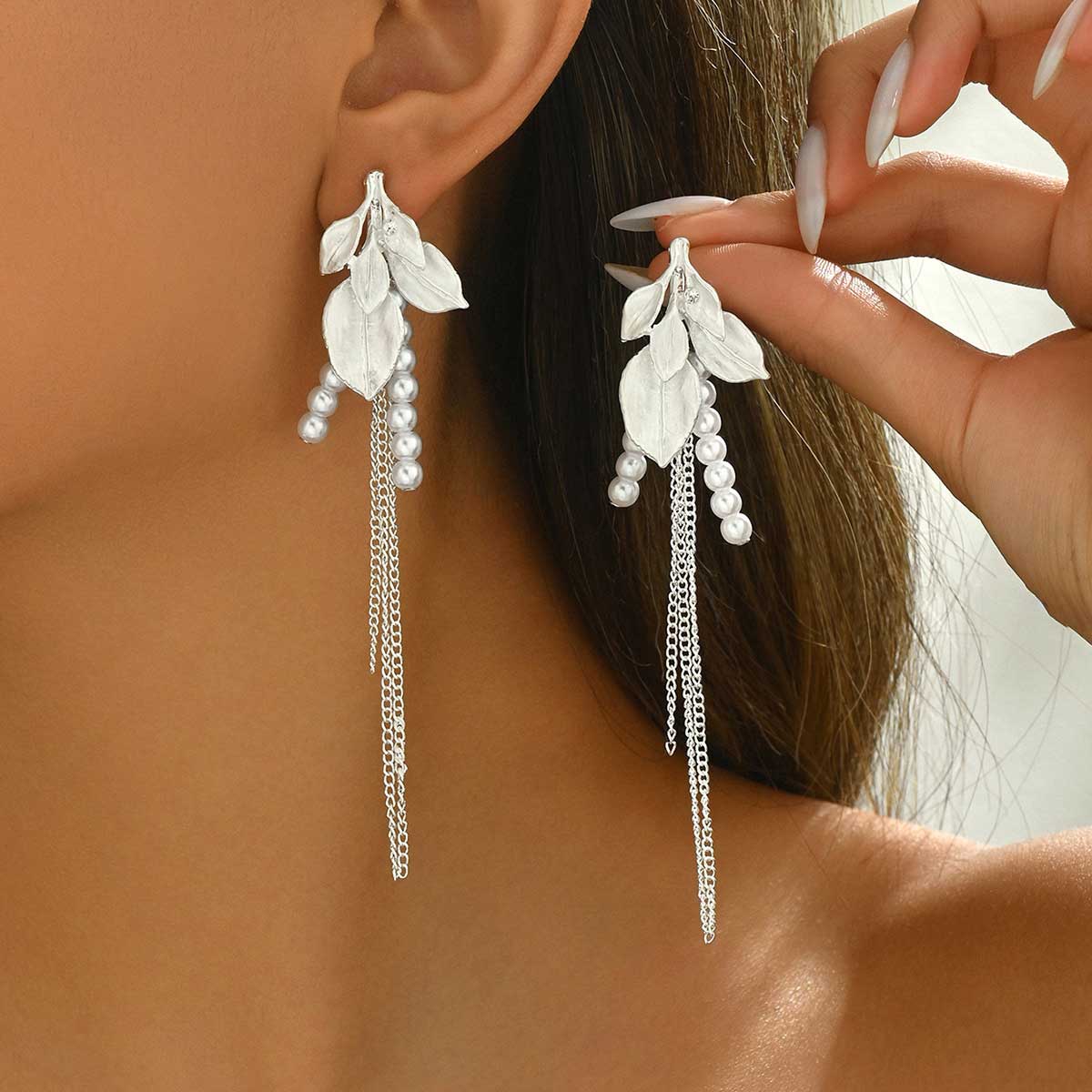 White Color Leaf Alloy Detail Earrings