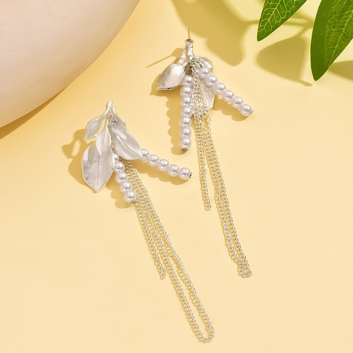 White Color Leaf Alloy Detail Earrings