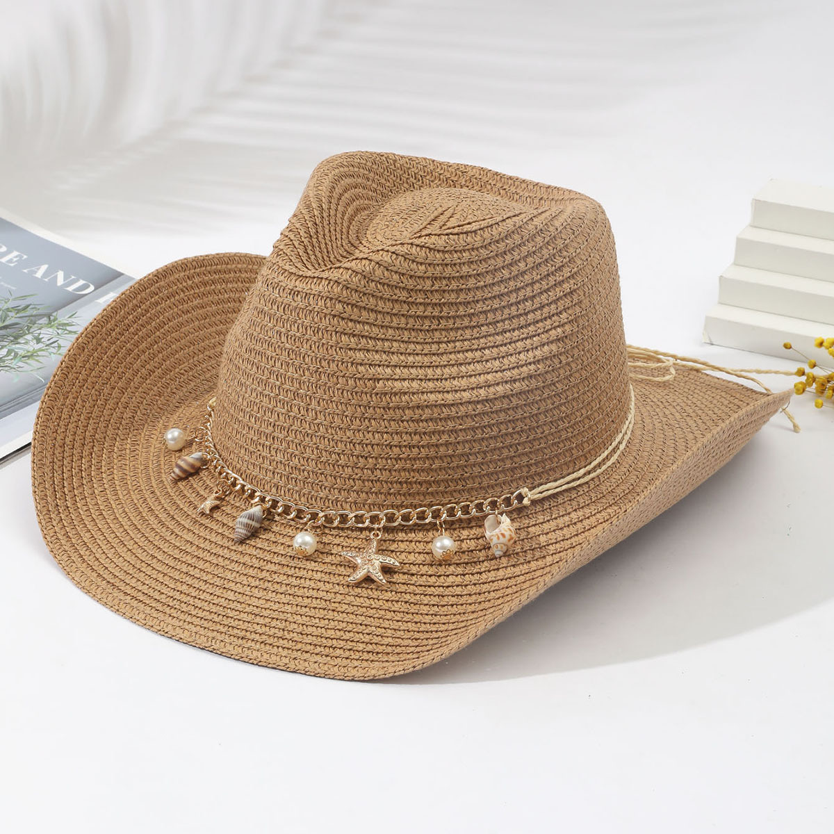 Dark Camel Shell Detail Wide-brimmed Hat
