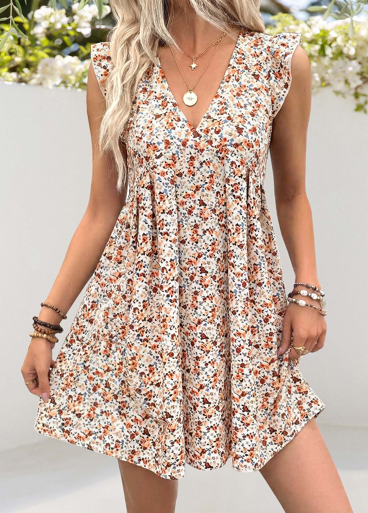 Ditsy Floral Print Pleated White Short A Line Dress