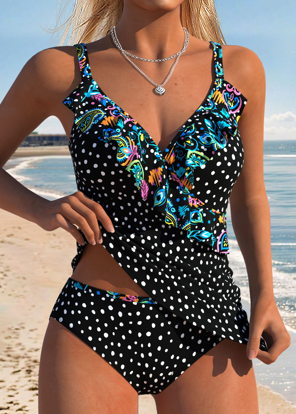 Mid Waisted Polka Dot Two-piece Black Tankini Set