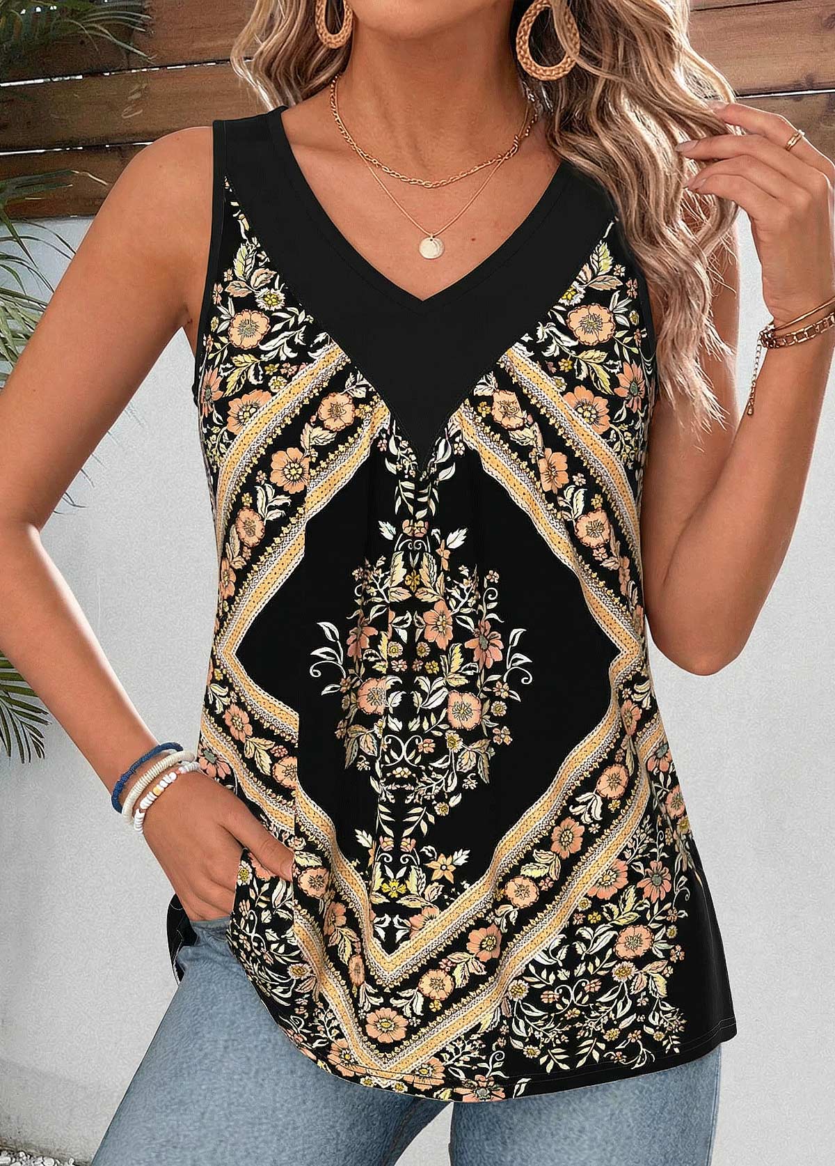 Tribal Print Patchwork Black Long Sleeve Tank Top