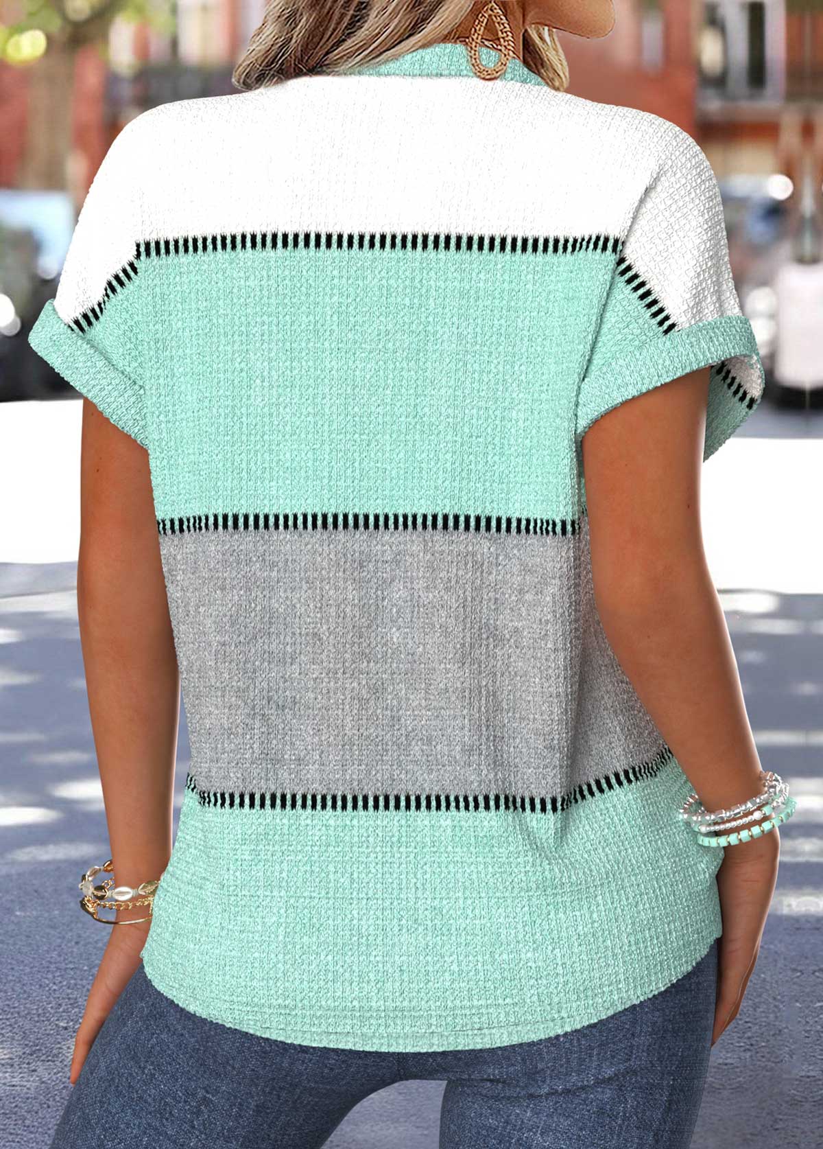 Plus Size Mint Green Tummy Coverage Geometric Print Blouse