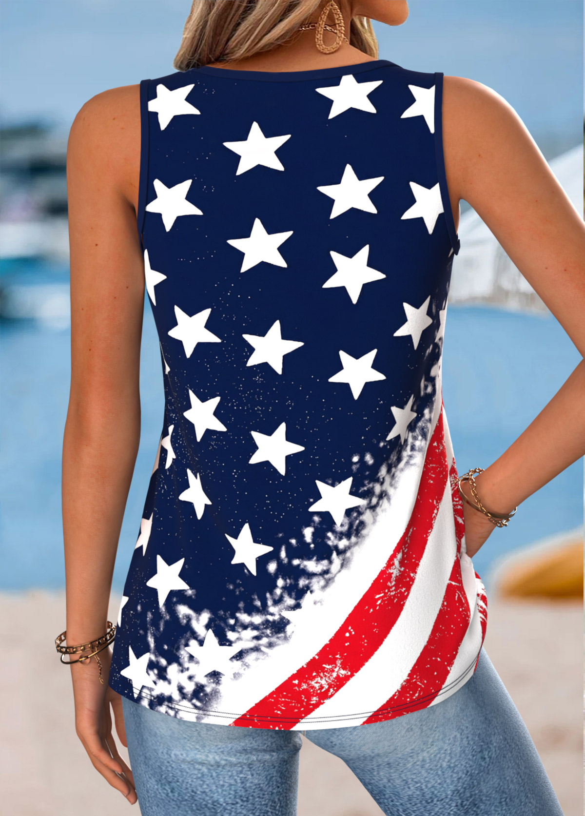 Flag Print Curved Hem Navy Sleeveless Tank Top