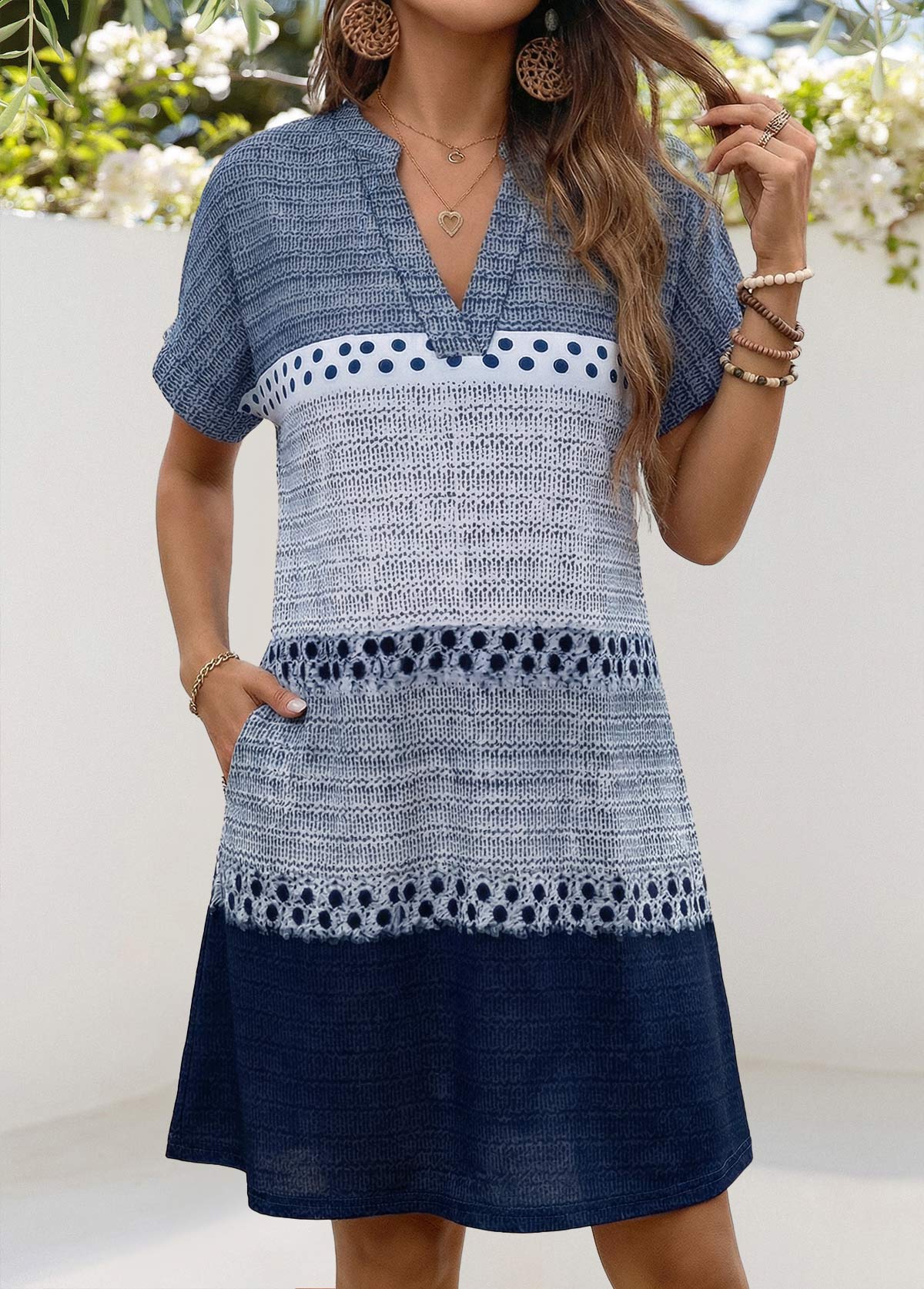 Geometric Print Patch Pocket Blue Short Split Neck Dress
