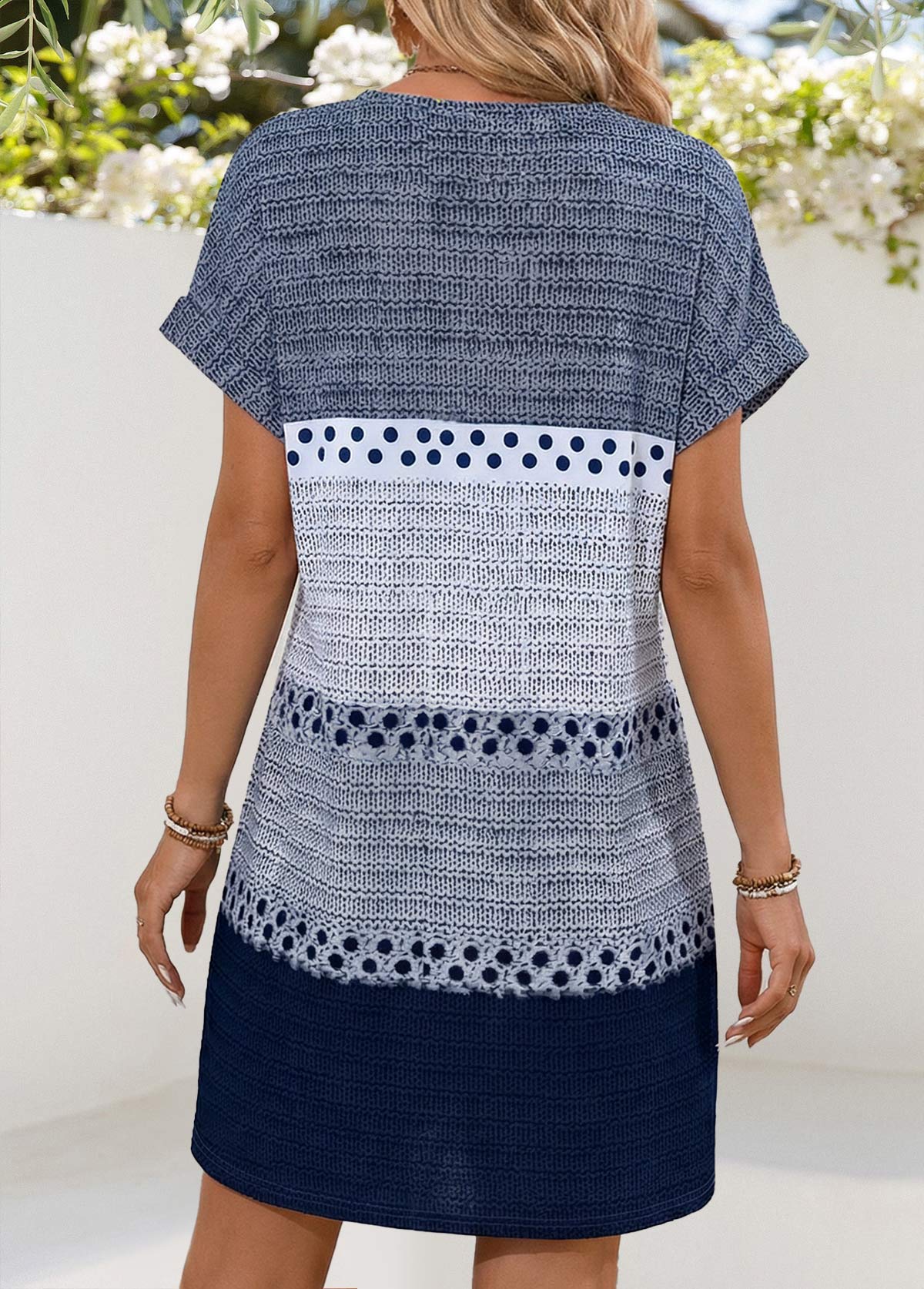 Geometric Print Patch Pocket Blue Short Split Neck Dress