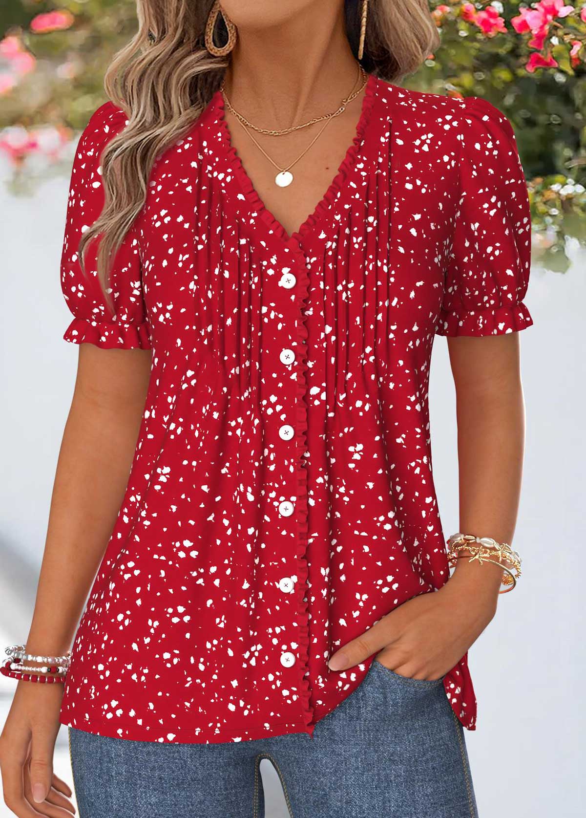 Plus Size Red Frill Geometric Print T Shirt