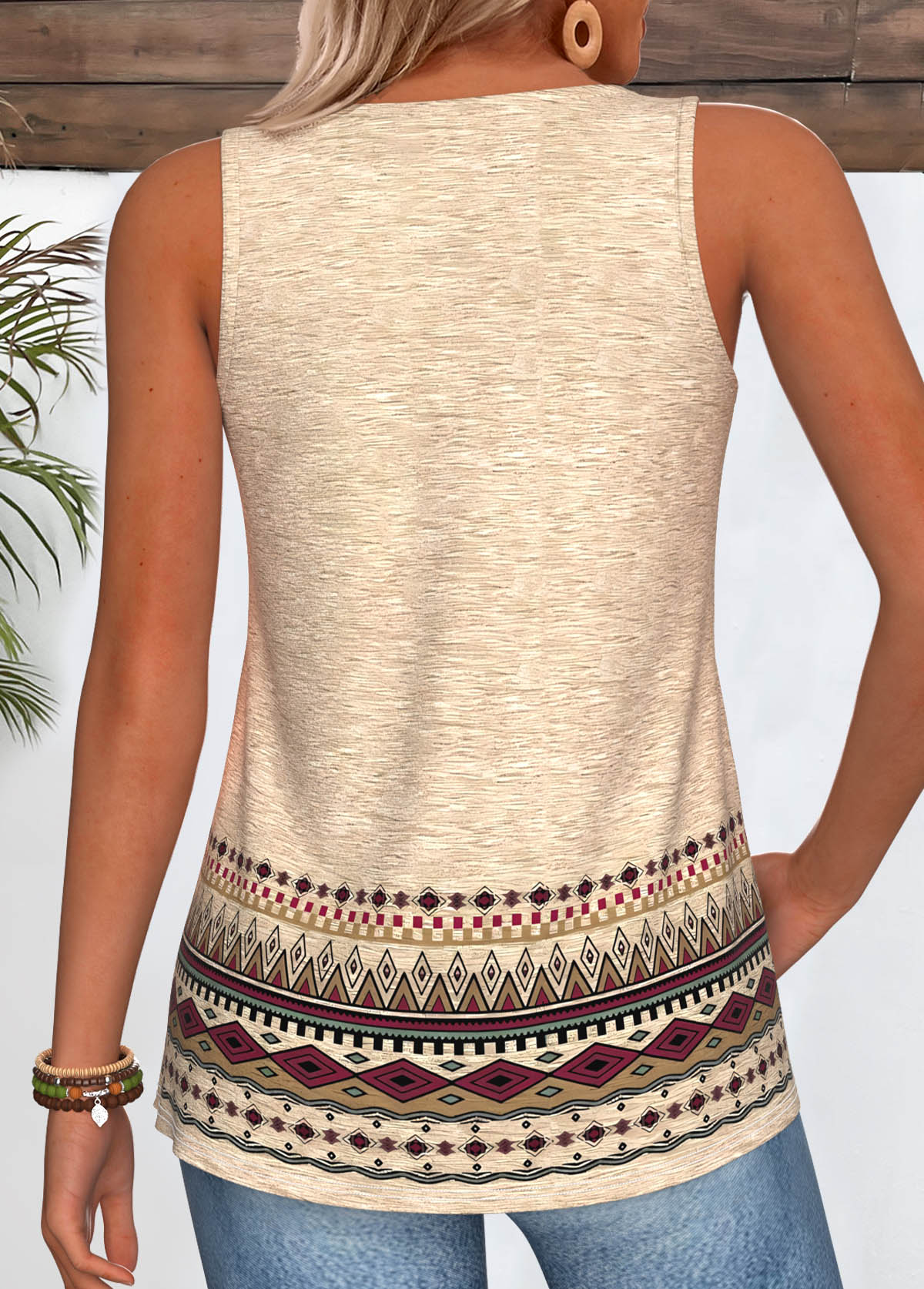 Tribal Print Curved Hem Light Camel Sleeveless Tank Top