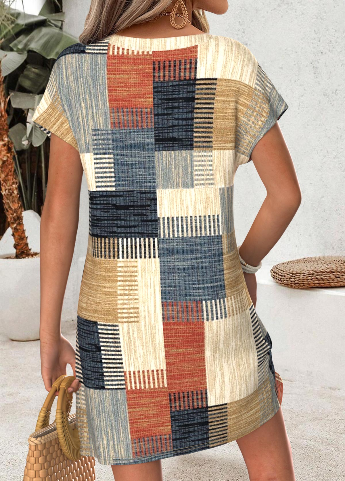 Geometric Print Tummy Coverage Multi Color Short Dress