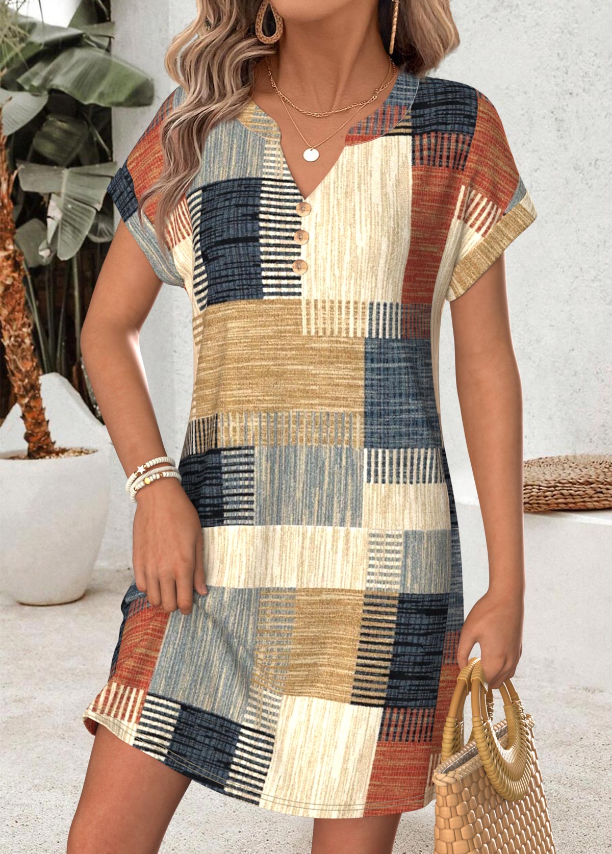 Geometric Print Tummy Coverage Multi Color Short Dress