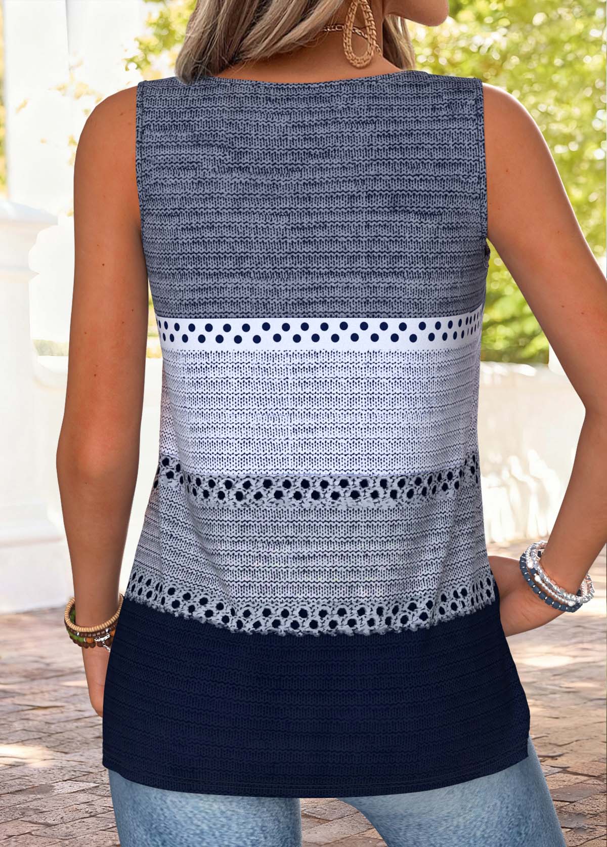 Striped Tie Blue Sleeveless V Neck Tank Top