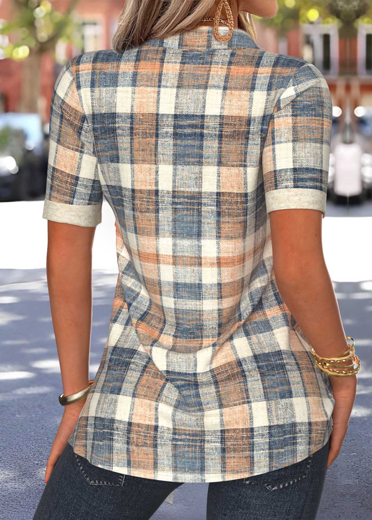 Plaid Light Camel Short Sleeve Fake Two Piece Twinset