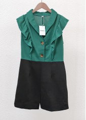 Plus Size Green Ruffle Sleeveless Shawl Collar Romper