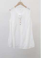 Tuck Stitch Split Neck White Tank Top