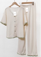 Beige V Neck Short Sleeve Lounge Top and Pants
