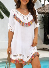 Patchwork V Neck White Tassel Cover Up