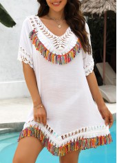 Patchwork V Neck White Tassel Cover Up