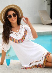 Patchwork V Neck White Tassel Cover Up