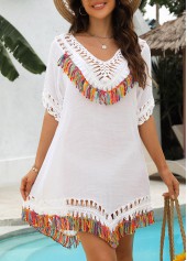 Patchwork V Neck White Tassel Cover Up