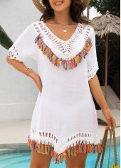 Patchwork V Neck White Tassel Cover Up