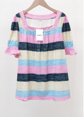 Striped Multi Color Short Sleeve Square Neck T Shirt