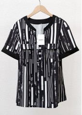 Geometric Print Black Short Sleeve Split Neck Blouse