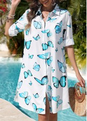 Butterfly Print Pocket White Cover Up