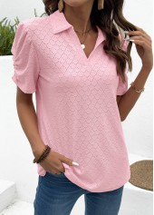 Tummy Coverage Pink Short Sleeve Turn Down Collar Blouse