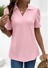 Tummy Coverage Pink Short Sleeve Turn Down Collar Blouse