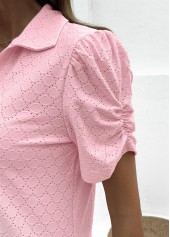 Tummy Coverage Pink Short Sleeve Turn Down Collar Blouse