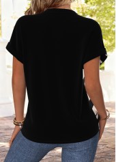 Striped Tummy Coverage Black Short Sleeve Split Neck Blouse