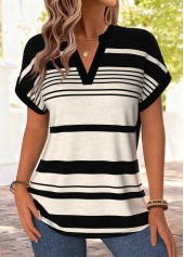 Striped Tummy Coverage Black Short Sleeve Split Neck Blouse