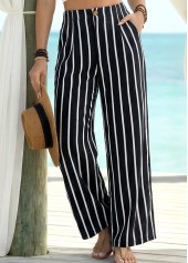 Striped Soft Black Wide Leg Elastic Waist Pants