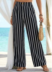 Striped Soft Black Wide Leg Elastic Waist Pants