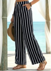 Striped Soft Black Wide Leg Elastic Waist Pants
