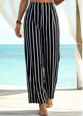 Striped Soft Black Wide Leg Elastic Waist Pants