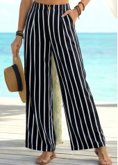 Striped Soft Black Wide Leg Elastic Waist Pants