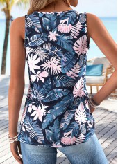 Leaf Print Patchwork Dusty Blue Sleeveless Tank Top