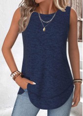 Tummy Coverage Navy Sleeveless Round Neck Tank Top