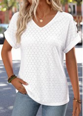 Tummy Coverage White Short Sleeve V Neck T Shirt