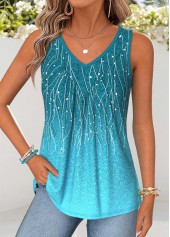 Ombre Patchwork Turquoise Sleeveless V Neck Tank Top