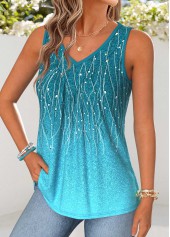 Ombre Patchwork Turquoise Sleeveless V Neck Tank Top
