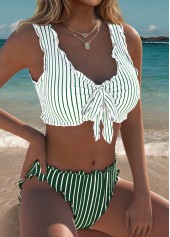 Mid Waisted Striped Bowknot Light Green Bikini Set