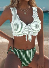 Mid Waisted Striped Bowknot Light Green Bikini Set