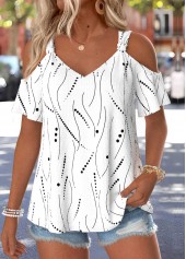 Geometric Print Twist Raw White Short Sleeve T Shirt