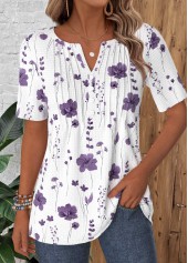 Floral Print Tuck Stitch White Short Sleeve T Shirt