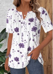 Floral Print Tuck Stitch White Short Sleeve T Shirt