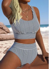 High Waisted Striped Black Bikini Set