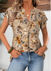 Floral Print Light Camel Short Sleeve Split Neck Blouse